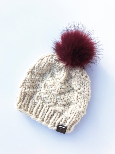 Nor'easter Knits Gibbon Beanie: Cream Winter Beanie Hat with Crimson Pompom